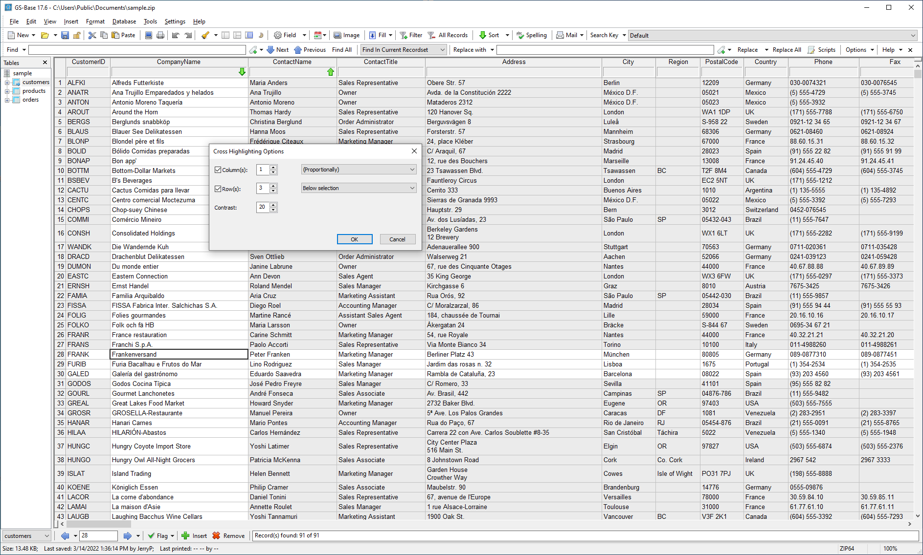 Cross highlighting to make viewing/editing tables easier and faster.
