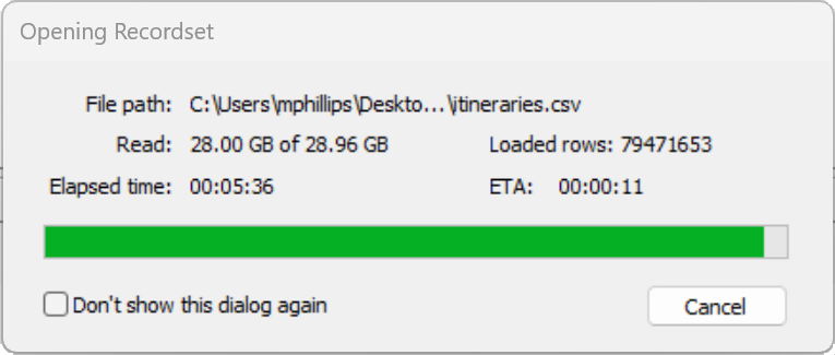 Loading progress. Sample performance when opening CSV files [i9-13900, 192GB RAM].