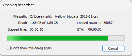 Loading progress. Sample performance when opening CSV files [i9-13900, 192GB RAM].